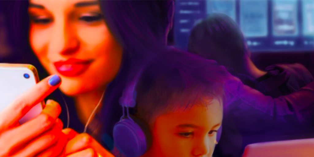 Spray paint mural of woman looking at phone and child watching a laptop